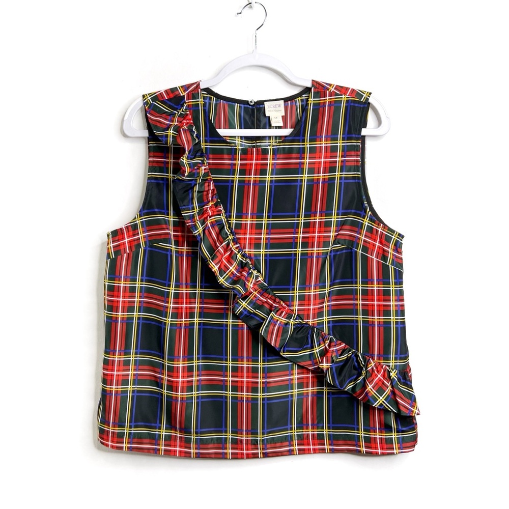 J. Crew Tartan Plaid Sleeveless Ruffle Holiday Blouse NWT Size 14 Black Red